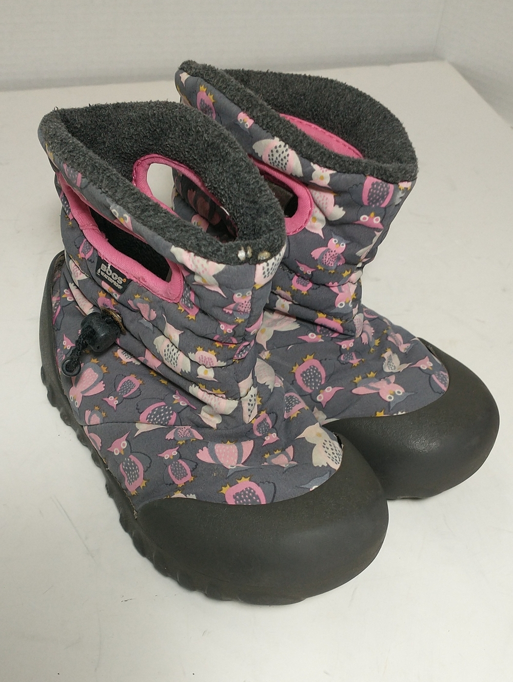Bogs Winter Snow Boots, Owls, Pink / Gray, Size 13, Rated -4 F, Adjustable Cord